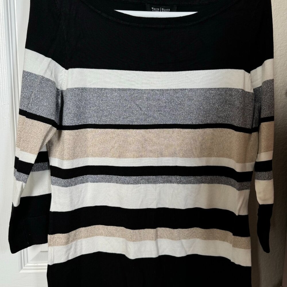 NWT Pretty White House Black Market Light Sweater, Silver, Black & Gold, Size M
